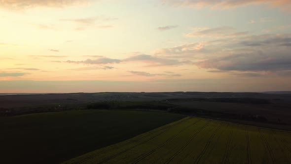 Aerial view of dark yellow sunset over farm fields in spring.