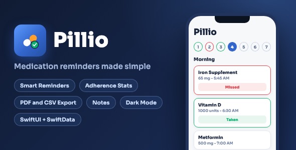 Pillio | Pill Reminder and Medication Tracker With Notifications, Stats and PDF Export - SwiftUI
