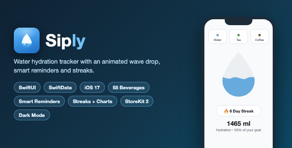 Siply | Hydration and Water Tracker With Beverage Library, Charts, Reminders and Paywall - SwiftUI