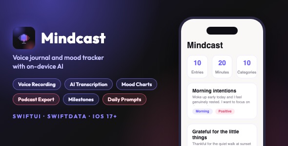 Mindcast | Voice Journal and Mood Tracker With AI Transcription, Charts and Podcast Export - SwiftUI