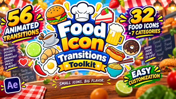 Food Icon Transitions Toolkit for After Effects – 56 Animated Food Transitions