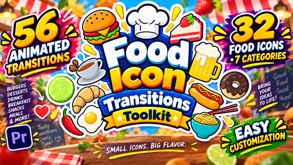 Food Icon Transitions Toolkit for Premiere Pro – 56 Animated MOGRT Transitions