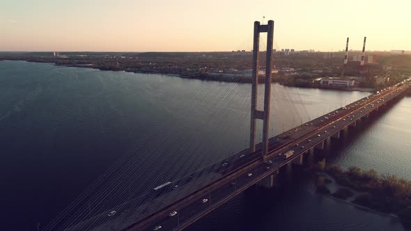 Video Footage Aerial View in  Quality of the South Bridge Across the Dnieper River in Kyiv Ukraine