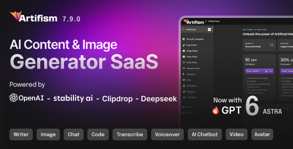 Artifism – AI Content, Image, Video, Chat, Chatbot, Voiceover & Code Generator SaaS