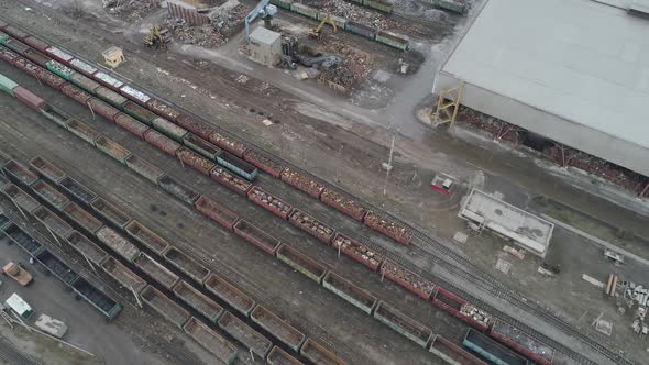 Metallurgical Production View From a Height Railway Freight Cars with Scrap Metal Near the Plant