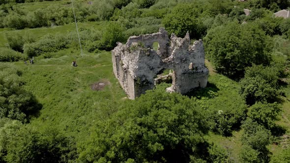 Stone Walls of Ancient Castle Ruins in Ukraine Countryside, Aerial