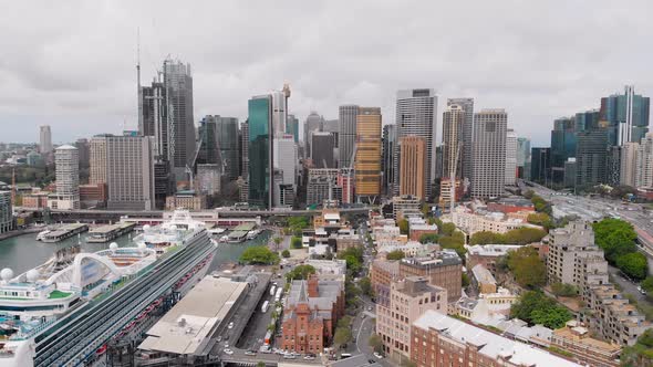 View From Above on Sydney City Centre. In the Frame Skyscrapers, Port, Cruise Liner and Bay.