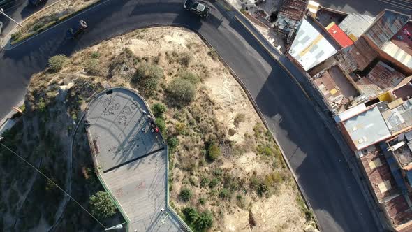 Aerial view of winding road along mountain, La Paz Bolivia