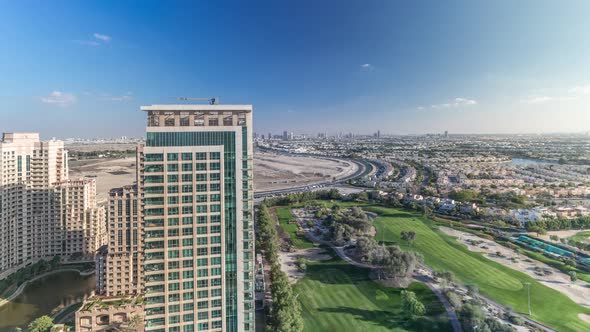 Greens District Aerial Paniramic View with Villas Houses and Golf Course Timelapse