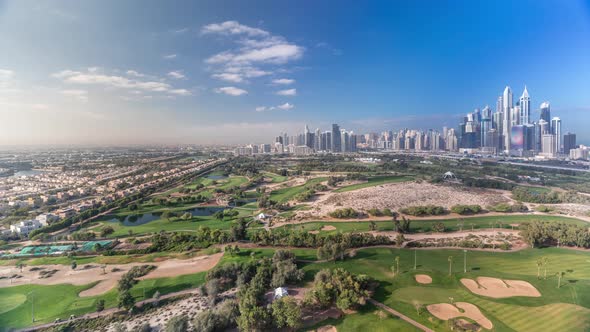 Dubai Marina Skyscrapers and Golf Course Morning Timelapse Dubai United Arab Emirates