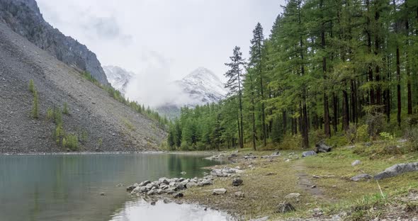 Mountain Lake Timelapse at the Summer or Autumn Time. Wild Nature and Rural Mount Valley. Green