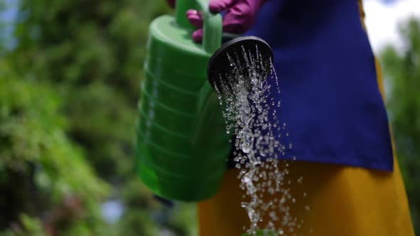 Closeup Refreshing Water Flowing Out of Watering Can in Slow Motion Outdoors