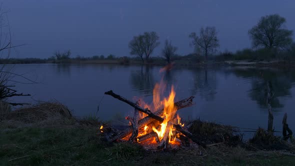 Campfire Near River, Wood Falls, Sparks