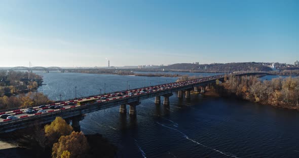 City Traffic in the Bridge at Autumn in the City Aerial View