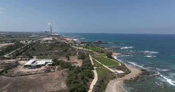 Caesarea ancient port, built by Herod the great, Aerial view.