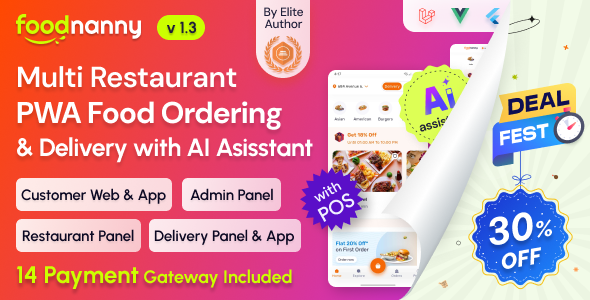 FoodNanny - Multi Restaurant Food Delivery App with PWA Website & Laravel Admin with AI Assistant