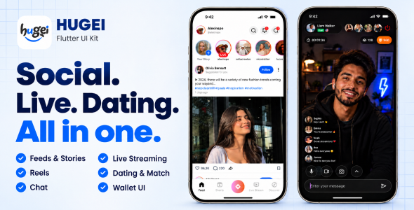 Hugei | Social, Live Streaming, Short Video & Dating App UI Kit - Flutter