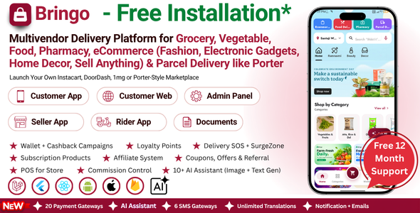 Bringo | Grocery, Food, Pharmacy and Parcel | Multi Module Multivendor Delivery Platform