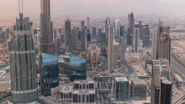 Dubai Downtown Skyline Futuristic Cityscape with Many Skyscrapers and Burj Khalifa Aerial Timelapse