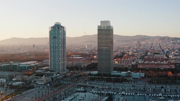 Aerial Panorama of Barcelona Coastal District with Skyscrapers Twins