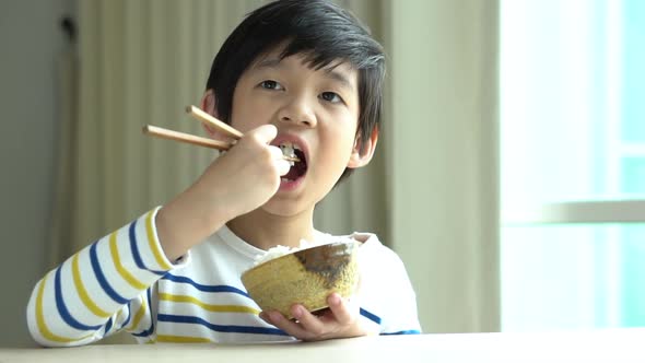 Cute Asian Boy Eating Rice With Chopsticks