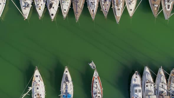 Aerial view above of big boat harbor on Lefkada , Greece.