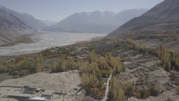 Skardu landform shows desert with Indus river and mountains in the background. Gilgit Baltistan, Pak