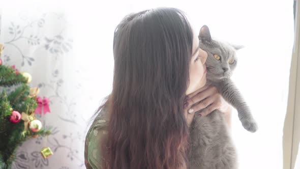 Young Beautiful Female Owner Holding and Kissing Her Own Adorable British Shorthair Cat Inside Room