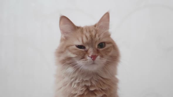 Cute Ginger Cat Winks on White Background. Fluffy Pet with Funny Expression on Face.