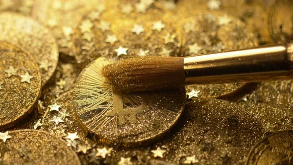 Closeup Brush Cleans Bitcoin Real Model From Gold Dust