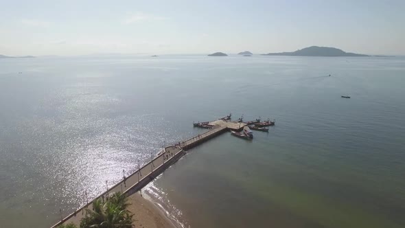 Aerial view of a group of boats anchored on pier, Kep, Cambodia.