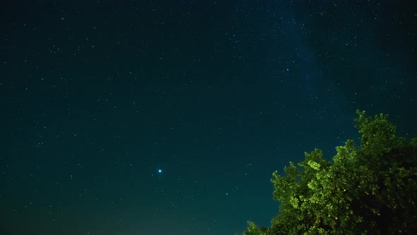 Timelapse of Starry Night Sky Stars and Constellations Move Along Horizon