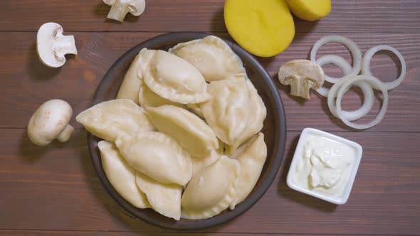 Boiled Dumplings Stuffed in a Plate, Top View.