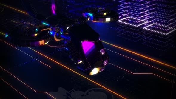 3d Animation Cyber Design of Futuristic Vehicle Moves By Air Over Digital Road alt
