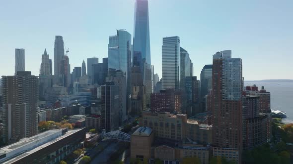 Elevated Shot of Tall Modern High Rise Apartment and Office Buildings in Lower Manhattan