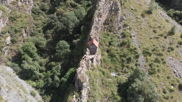 Aerial view of the shrine on the rock near Darial Gorge. Terek valley. Georgia