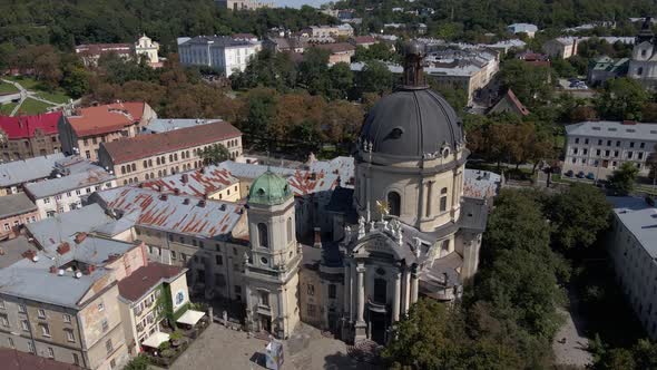 Aerial Video of Dominican Church in Central Part of Old City of Lviv Ukraine