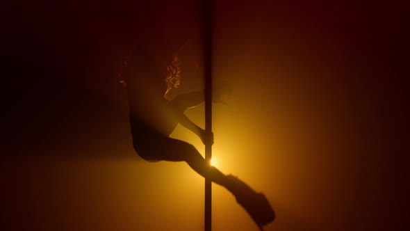 Woman Silhouette Practicing Poledance in Club