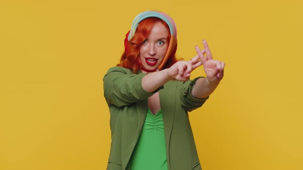 Cheerful Redhead Woman Showing Hashtag Symbol with Hands Likes Tagged Message Popular Viral Content