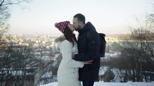 Happy Romantic Couple on a Date at Sunny Winter Day