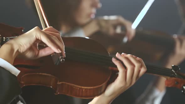 Close Up of Musician Playing Violin. Black Smoke Background