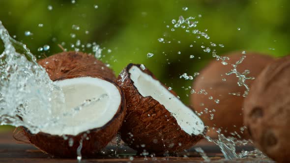 Super Slow Motion Shot of Water Splashing on Coconut at