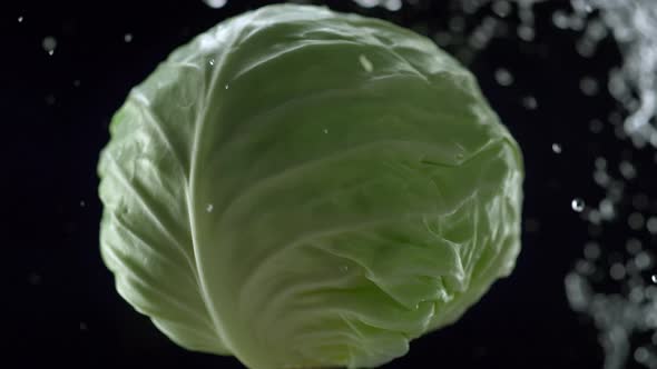 Camera follows water splash on a whole cabbage. Slow Motion. alt