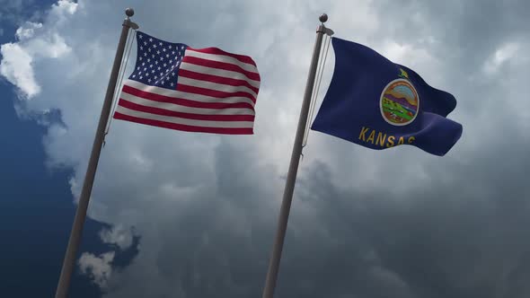 Waving Flags Of The United States And The Kansas State Flag  2K