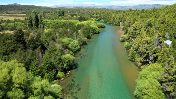 Lake Cholila, Patagonia, Argentina, aerial forward flyover wide shot