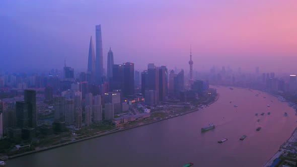 Hyper lapse of aerial view of skyscraper and high-rise office buildings in Shanghai, China.