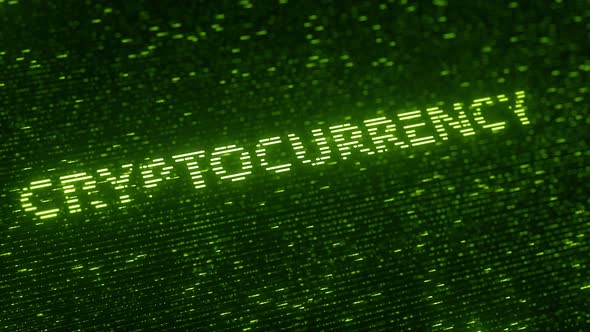 Green CRYPTOCURRENCY Word Made with Luminescent Particles alt
