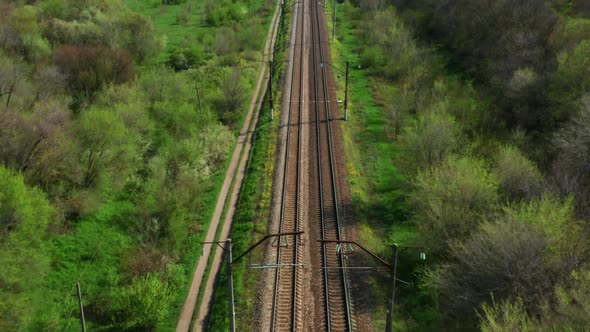 Empty Straight Railways at Spring Sunny Day