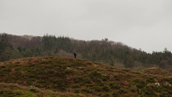 Tourist with Huge Backpack Hiking Along Hills in Himmelbjerget Area Denmark