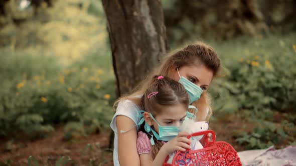 Sad Daughter In Face Mask Sitting With Mother Prevention Virus Disease Covid 19. Mask Distancing.